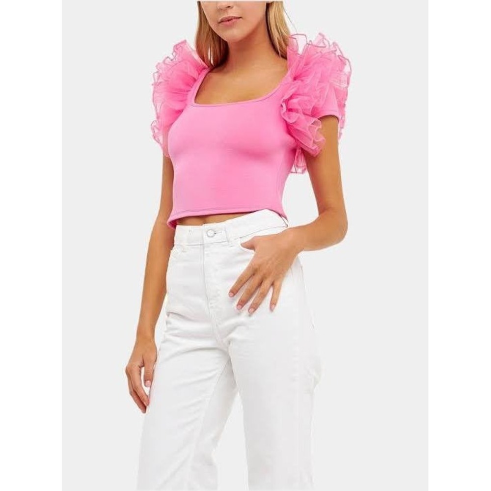 English Factory Womens Top M Pink Organza Ruffle Square Neck Crop Maximalist